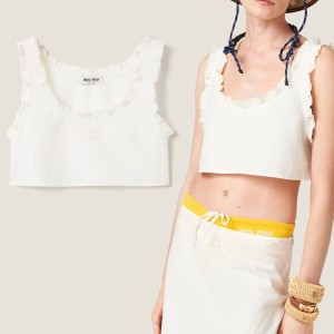 miumiu 25 린넨 로고 러플 탱크탑